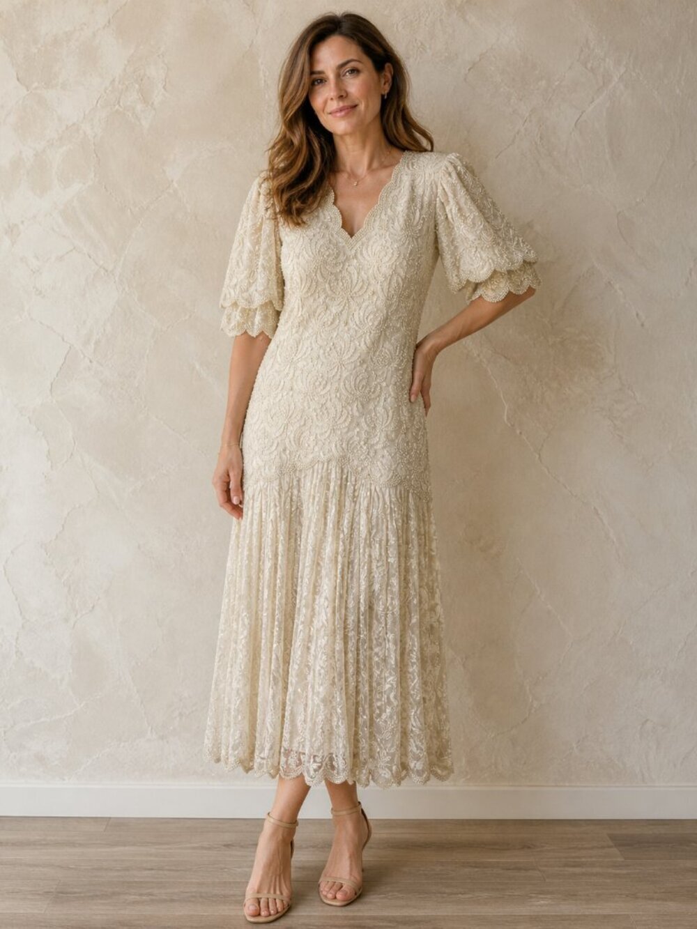 Vintage Laurence Kazar Ivory Dress Pearls Beaded Gown 80s Art Deco Medium